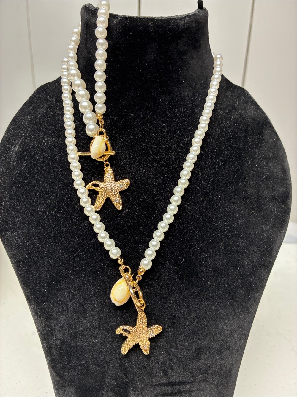 Pearl Bead Necklace and Bracelet with Gold Starfish & Shell Charm